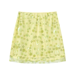 Mini-Jupe Élégante en Maille à Fleurs 3D pour Femmes Jupe Courte Perlée en Ligne A Brodée de Paillettes pour Fête
