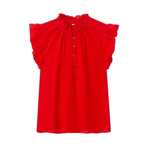 Sleeveless red ruffled blouse with frill collar and flutter sleeves for women