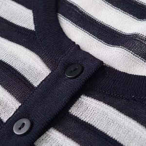Classic striped knit cardigan featuring a button-up henley neck and breathable texture