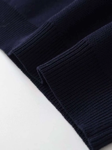 Detailed view of dark blue ribbed cuffs on a heart-hollow puff sleeve knit sweater
