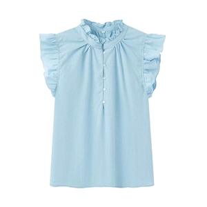 Detailed view of light blue sleeveless shirt with ruffle trim and button-up collar