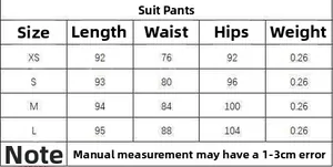 Size chart for women's irregular suit trousers showing length, waist, and hip measurements