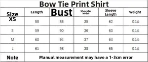 Size chart table for the floral print shirt with bow detail showing measurements