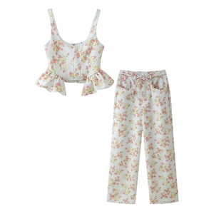 Floral two-piece set featuring a cropped camisole top and matching wide-leg pants