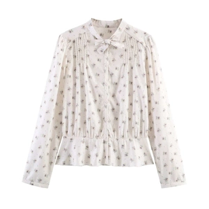 French Style Floral Print Blouse For Women Long Sleeve Tie Neck Bow Peplum Top Pleated Elegant Chiffon Shirt