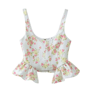 Detail of floral crop camisole top with ruffled hem and small flower patterns in size S