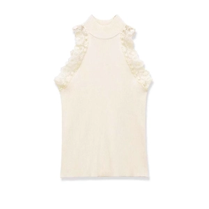 Women Elegant Lace Trim Mock Neck Ribbed Knit Tank Top Sleeveless Solid Color Commuter Summer Slim Fit Chic Pullover Vest Top