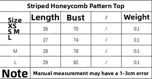 Size chart for striped honeycomb knit camisole top showing measurements from XS to L