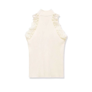 Elegant off-white rib-knit sleeveless top with delicate lace shoulders and high neckline