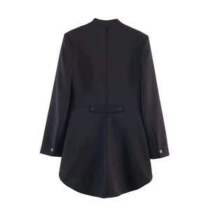 Elegant black longline blazer with mandarin collar and irregular swallowtail hem back view