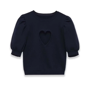 Women Elegant Heart Cut Out Knitted Top Puff Sleeve Round Neck Solid Color Polyester Short Sleeve Casual Knitwear Blouse