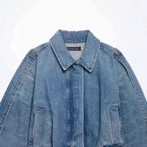 Classic blue washed denim jacket with shoulder cross-stitching and lapel collar