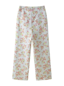 Detailed back view of high-waisted floral wide-leg pants with dual pockets and neat stitching