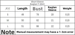Size chart for women's raglan sleeve T-shirt with measurements for S, M and L sizes