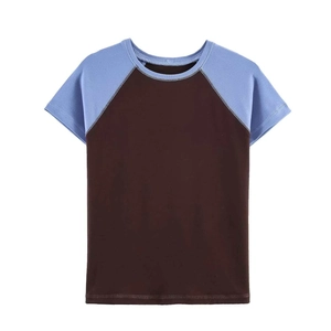 Women's Casual Colorblock Raglan Sleeve T-Shirt Crew Neck Short Sleeve Loose Knit Top Blue Brown Minimalist Tee