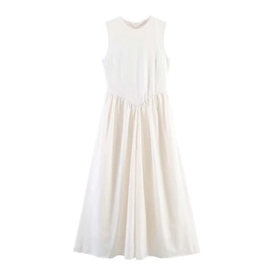 Women Elegant White Sleeveless Midi Dress Round Neck High Waist Pleated A-Line Patchwork Dress For Casual Office Party