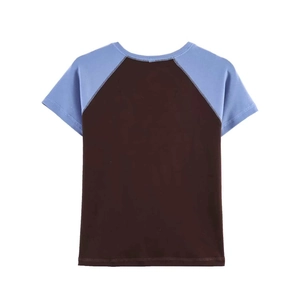 Brown and blue color block raglan sleeve T-shirt with minimalist crew neck design