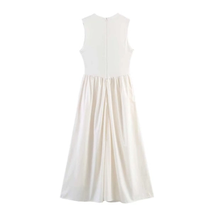 Minimalist white sleeveless midi dress with crew neck and pleated waist details