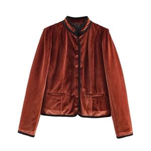 Vintage Velvet Stand Collar Jacket For Women Rust Red Contrast Binding Slim Fit Elegant Autumn Outerwear Top
