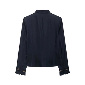 Slim fit navy blue women jacket with stand collar and gold buttons from back view