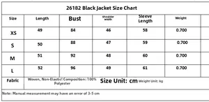 Detailed size chart for black stand collar blazer with length and bust measurements