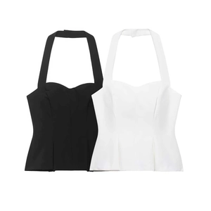Women Halter Neck Corset Top Sexy Sweetheart Neckline Peplum Hem Slim Fit Sleeveless Backless Summer Party Vest Black White