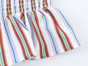 Detailed macro view of colorful striped fabric with smocking and ruffled edge details