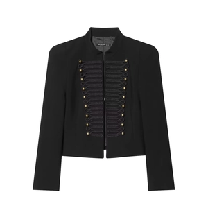 Chic black military-style cropped blazer with gold buttons and mandarin collar design