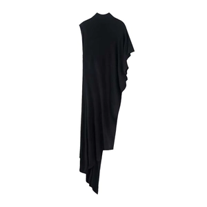 Women Asymmetric Black Sleeveless Midi Dress Elegant Mock Neck Bias Cut Draped Pleated Casual Party Slim Fit Dress