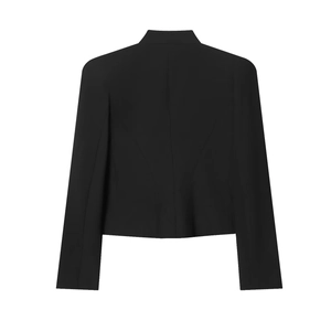 Back view of a black cropped blazer with mandarin collar and slim-fit waist tailoring