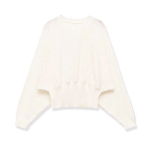Women's Elegant Round Neck Knit Sweater Long Sleeve Batwing Sleeve Ribbed Hem Solid Color Pullover Casual Fall Top