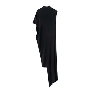 Sleeveless black asymmetric high-neck midi dress with draped folds and irregular hem