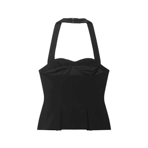Slim fit black halter neck corset top with button detail and structured waistline design