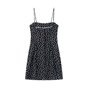 Vintage schwarz-weiß gepunktetes Mini-Spaghettiträger-Kleid mit schmaler Passform