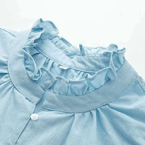 Detail of light blue ruffle collar and pleated front with elegant pearl button