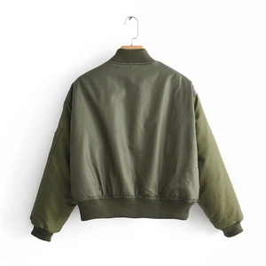 Back view of army green bomber jacket with ribbed trim and zip pocket on sleeve
