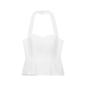 Chic white halter top with sweetheart neckline and peplum waist for a slimming look
