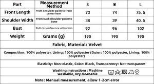 Size chart for velvet sequin embroidered vest with detailed measurements and fabric info