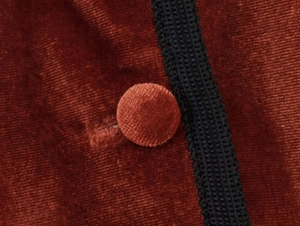 Detailed macro view of vintage rust-red velvet fabric with woven trim and matching button