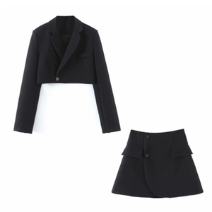 Women's chic black two-piece set featuring cropped blazer and asymmetric mini skirt