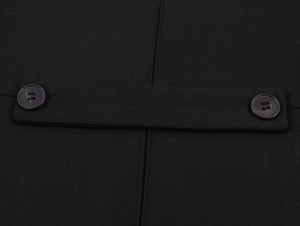 Close-up of decorative waist tab with black buttons on the back of the blazer