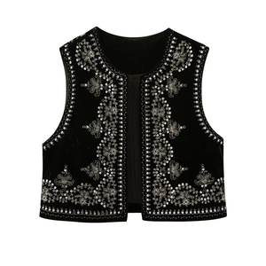 Women Vintage Velvet Sequin Embroidery Vest Ethnic Open Front Sleeveless Waistcoat Short Jacket Gold Silver Beaded Top