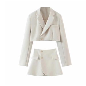 Women's 2-piece cream white blazer set with cropped jacket and asymmetrical mini skirt