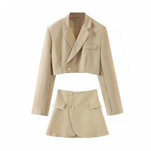 Women beige cropped blazer and asymmetric mini skirt two-piece suit professional outfit