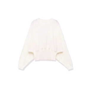 Elegant white long sleeve knit top with crew neck and batwing sleeves for autumn style