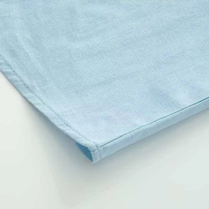 Macro shot of light blue ruffle hem showing high-quality stitching and cotton-linen texture