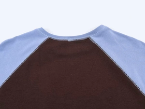 Detail view of raglan sleeve stitching and ribbed crew neck on blue and brown t-shirt