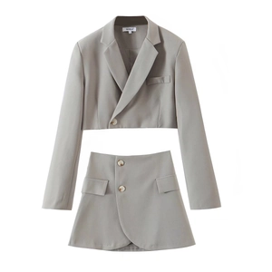 Women's two-piece grey business suit set with cropped blazer and mini A-line skirt