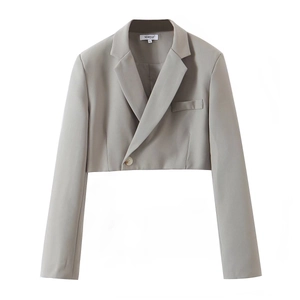 Close-up of a cropped light grey blazer with lapel collar and single button closure