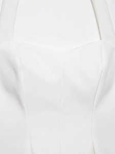 Close-up of a white sweetheart neckline tank top with wide straps and stitching detail